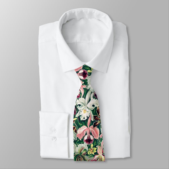 White Pink Yellow Green Orchid Pattern Neck Tie (Tied)