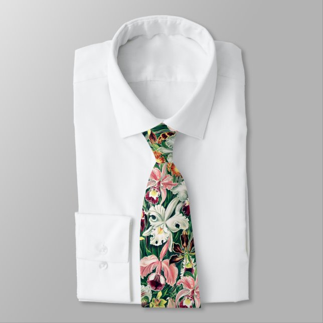 White Pink Yellow Green Orchid Pattern Neck Tie (Tied)