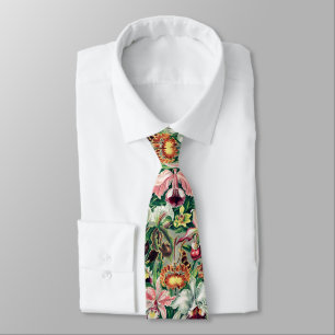 White Pink Yellow Green Orchid Pattern Neck Tie