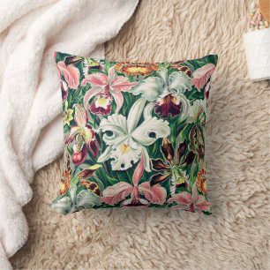 White Pink Yellow Green Orchid Pattern Throw Pillow