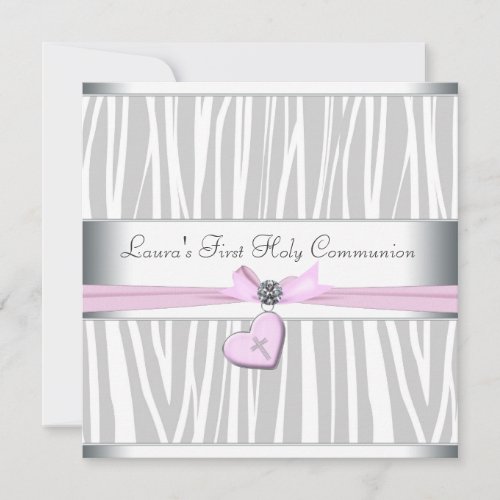 White Pink Zebra Heart Pink Cross First Communion Invitations