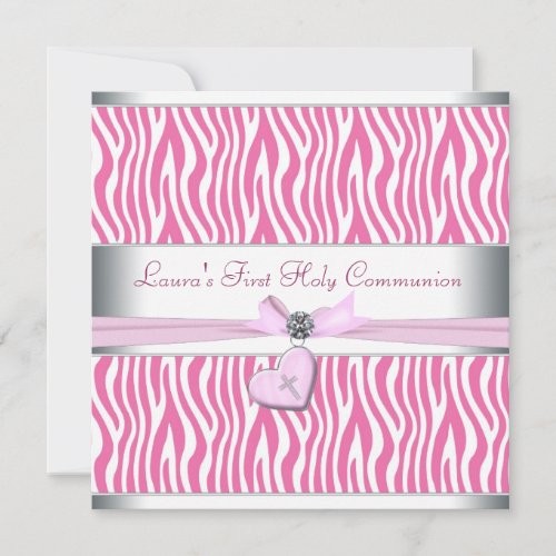 White Pink Zebra Heart Pink Cross First Communion Custom Invitations