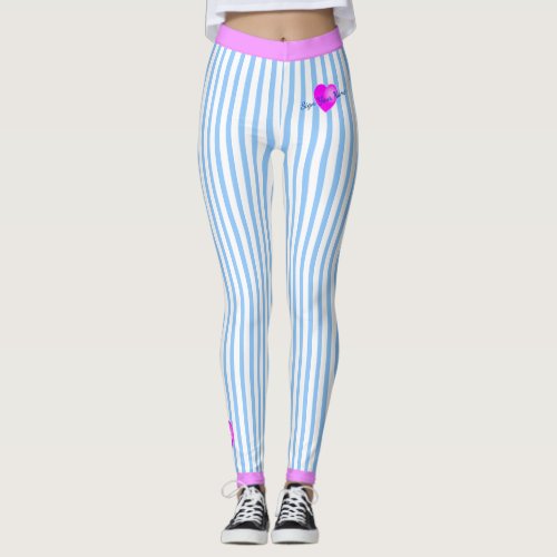 White Pinstripes with Sign Your Name Heart on BLUE Leggings