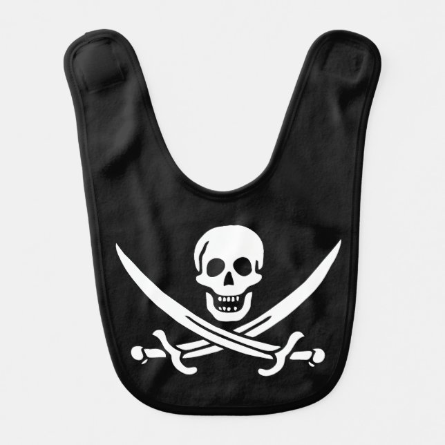 White, Pirate Flag Calico Jack, Skull & Cutlass  Baby Bib (Front)