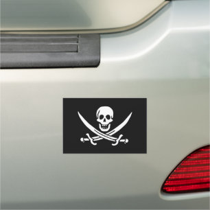 White, Pirate Flag Calico Jack, Skull & Cutlass Car Magnet