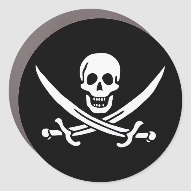 White, Pirate Flag Calico Jack, Skull & Cutlass Car Magnet (Front)