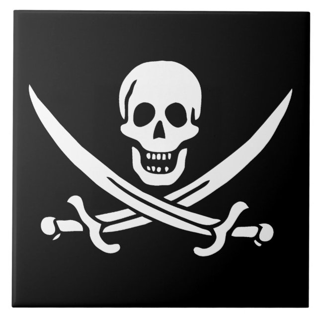 White, Pirate Flag Calico Jack, Skull & Cutlass  Ceramic Tile (Front)