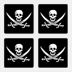White, Pirate Flag Calico Jack, Skull & Cutlass Coaster Set