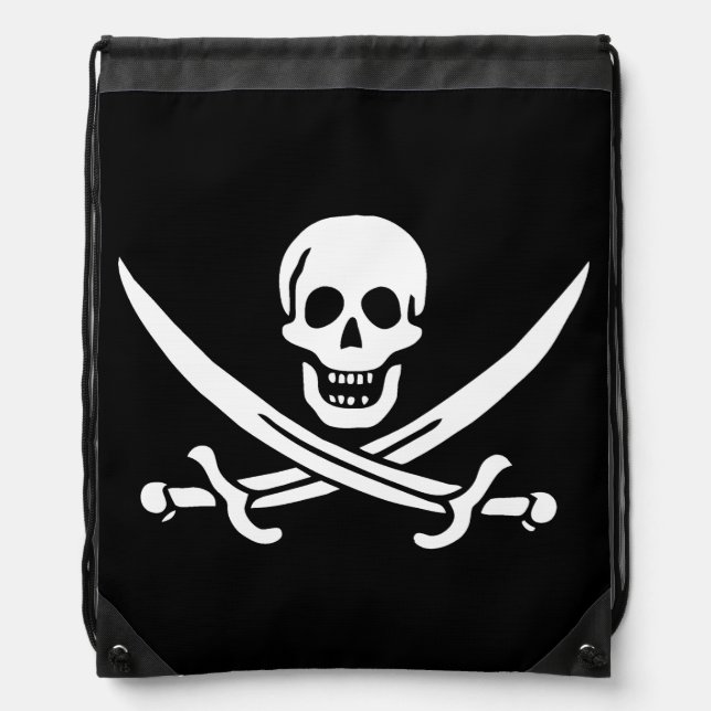 White, Pirate Flag Calico Jack, Skull & Cutlass  Drawstring Bag (Front)