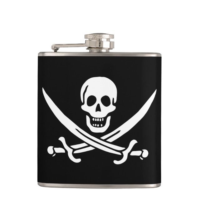 White, Pirate Flag Calico Jack, Skull & Cutlass  Flask (Front)