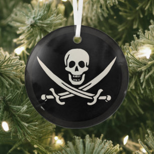 White, Pirate Flag Calico Jack, Skull & Cutlass  Glass Ornament