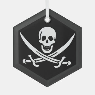 White, Pirate Flag Calico Jack, Skull & Cutlass Glass Ornament