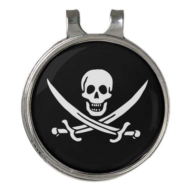 White, Pirate Flag Calico Jack, Skull & Cutlass Golf Hat Clip (Front)