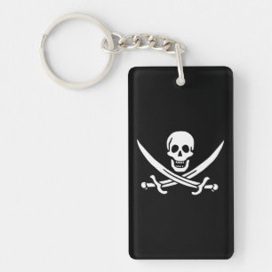 White, Pirate Flag Calico Jack, Skull & Cutlass Keychain