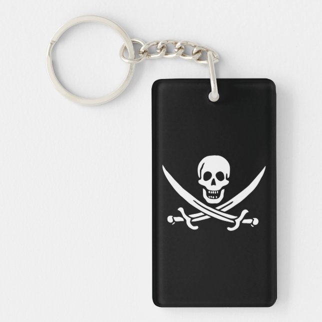 White, Pirate Flag Calico Jack, Skull & Cutlass  Keychain (Front)