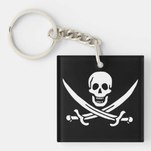 White, Pirate Flag Calico Jack, Skull & Cutlass Keychain