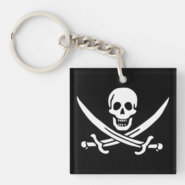 White, Pirate Flag Calico Jack, Skull & Cutlass  Keychain (Front)