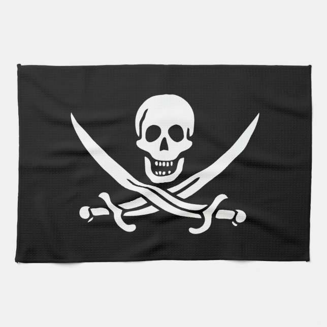 White, Pirate Flag Calico Jack, Skull & Cutlass  Kitchen Towel (Horizontal)