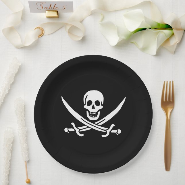 White, Pirate Flag Calico Jack, Skull & Cutlass  Paper Plates (Wedding)