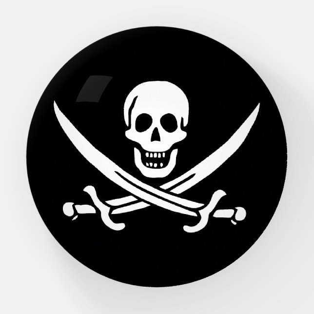 White, Pirate Flag Calico Jack, Skull & Cutlass Paperweight (Front)