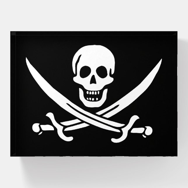 White, Pirate Flag Calico Jack, Skull & Cutlass  Paperweight (Front)