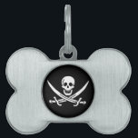 White, Pirate Flag Calico Jack, Skull & Cutlass Pet ID Tag<br><div class="desc">A low growl rumbled across the waves, not from the storm brewing on the horizon, but from Captain Jack's throat. His dark eyes, usually gleaming with mischief, held a steely glint as he surveyed the approaching ship. The "Revenge, " his sloop, heeled slightly in the choppy water, its black hull...</div>