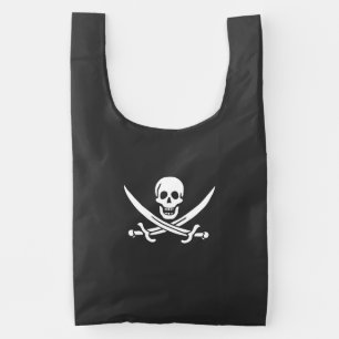 White, Pirate Flag Calico Jack, Skull & Cutlass Reusable Bag
