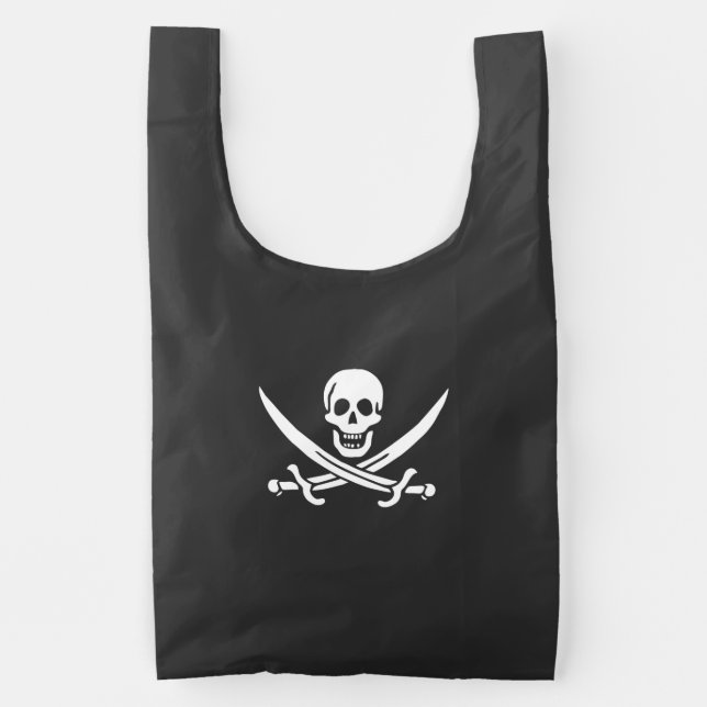 White, Pirate Flag Calico Jack, Skull & Cutlass Reusable Bag (Front)