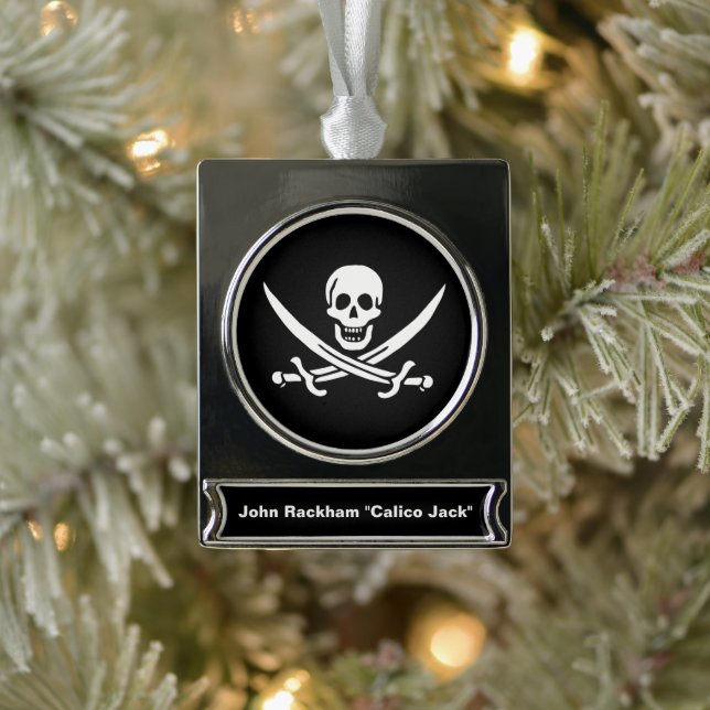 White, Pirate Flag Calico Jack, Skull & Cutlass  Silver Plated Banner Ornament (Tree)
