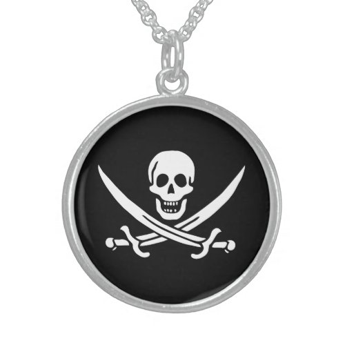 White Pirate Flag Calico Jack Skull  Cutlass Sterling Silver Necklace