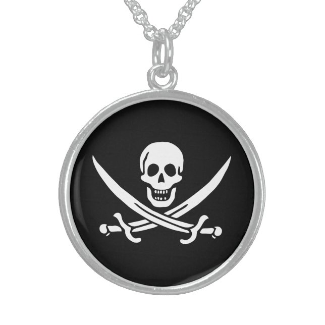 White, Pirate Flag Calico Jack, Skull & Cutlass Sterling Silver Necklace (Front)