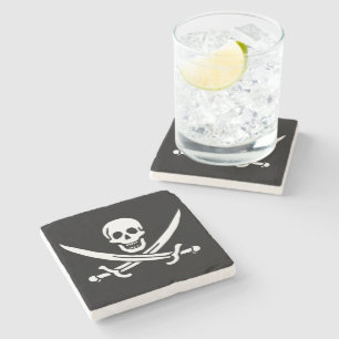 White, Pirate Flag Calico Jack, Skull & Cutlass Stone Coaster