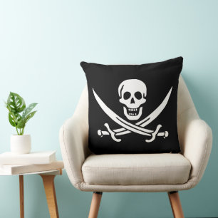 White, Pirate Flag Calico Jack, Skull & Cutlass  Throw Pillow