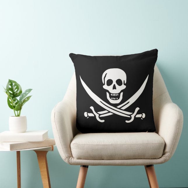 White, Pirate Flag Calico Jack, Skull & Cutlass  Throw Pillow (Chair)