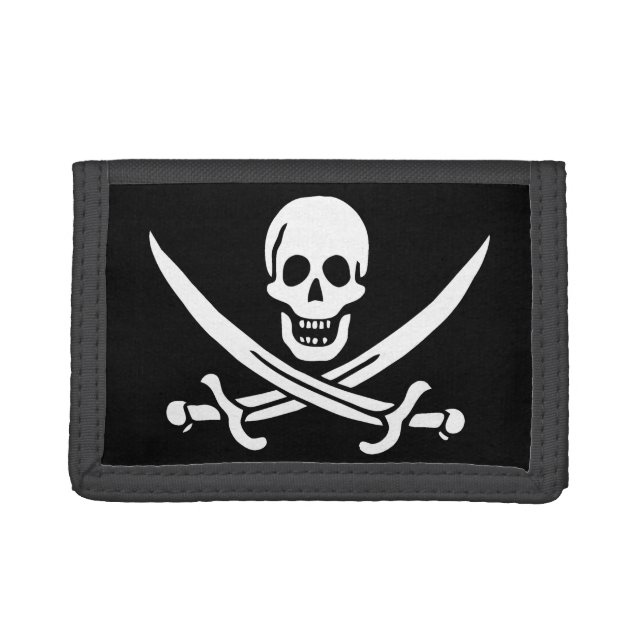 White, Pirate Flag Calico Jack, Skull & Cutlass  Trifold Wallet (Front)