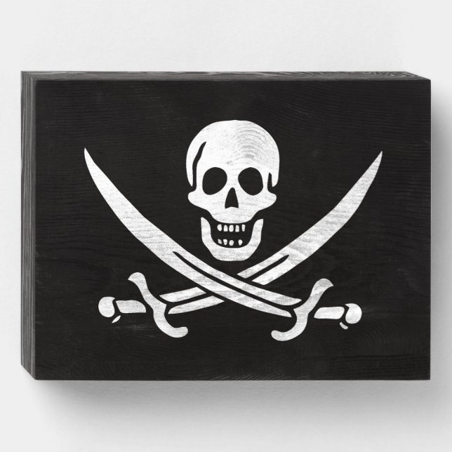 White, Pirate Flag Calico Jack, Skull & Cutlass  Wooden Box Sign (Front Horizontal)