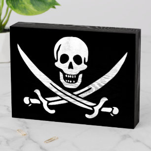 White, Pirate Flag Calico Jack, Skull & Cutlass Wooden Box Sign