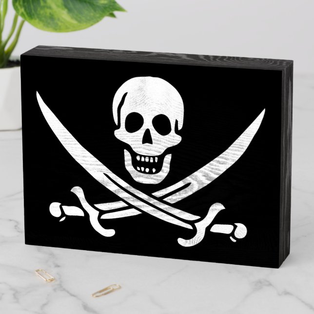 White, Pirate Flag Calico Jack, Skull & Cutlass  Wooden Box Sign (In Situ Horizontal)
