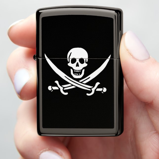 White, Pirate Flag Calico Jack, Skull & Cutlass  Zippo Lighter (In Hand)
