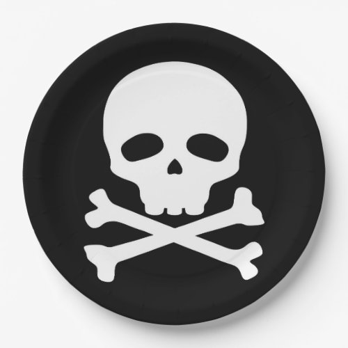 White Pirate Skull on Black Background Paper Plates