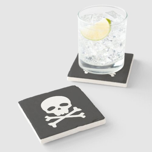 White Pirate Skull on Black Background Stone Coaster