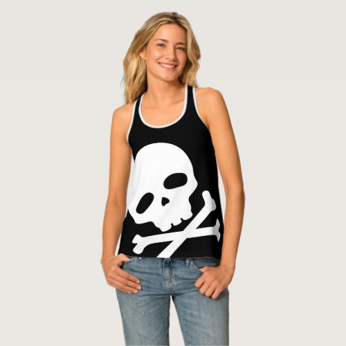 White Pirate Skull on Black Background Tank Top