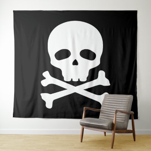 White Pirate Skull on Black Background Tapestry