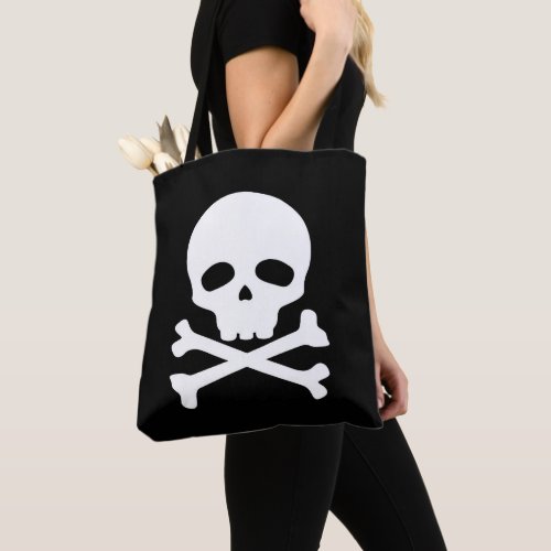 White Pirate Skull on Black Background Tote Bag