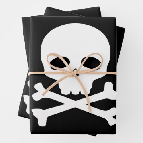 White Pirate Skull on Black Background Wrapping Paper Sheets