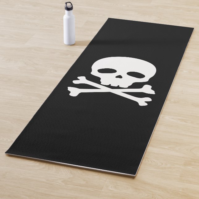 White Pirate Skull on Black Background Yoga Mat (In Situ)