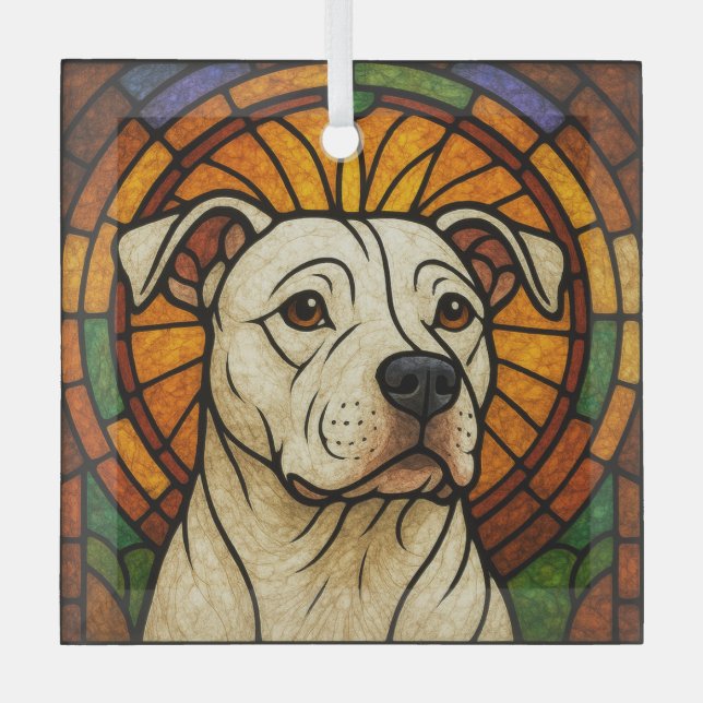White Pit Bull Dog in "Stained Glass" Glass Ornament (Front)
