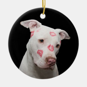 White Pit Bull with Kisses Ceramic Ornament