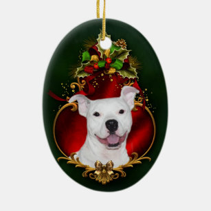 White pitbull Christmas Ceramic Ornament