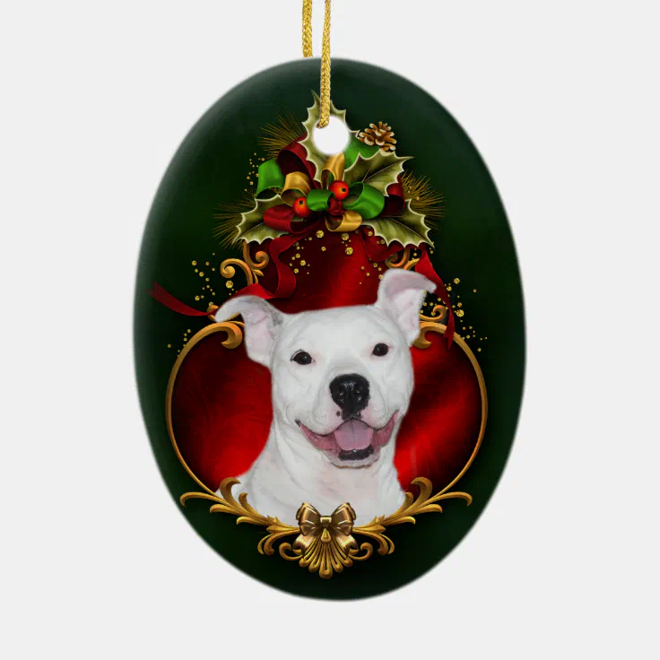 White pitbull Christmas Ceramic Ornament | Zazzle